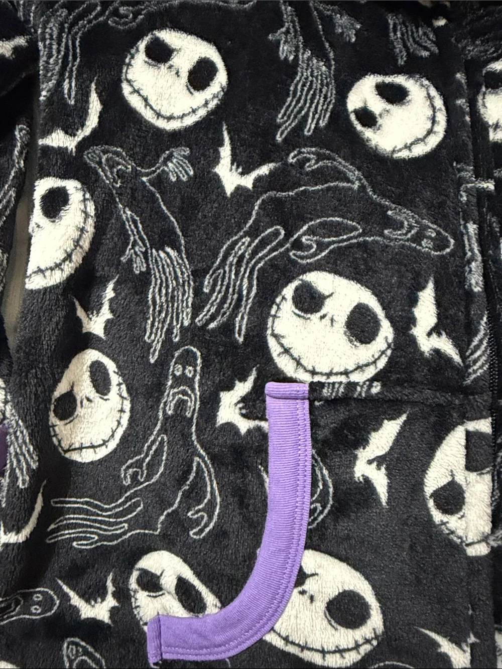 Disney Black and White Jack Skellington Fleece Pajama Onesie with Purple Trim